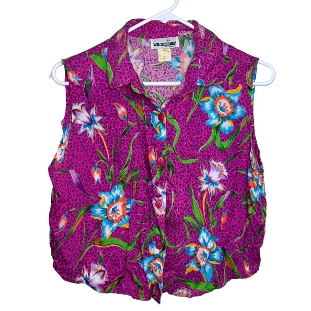 Wild Honey California Vintage Cropped Floral Purple Button Down Size Large